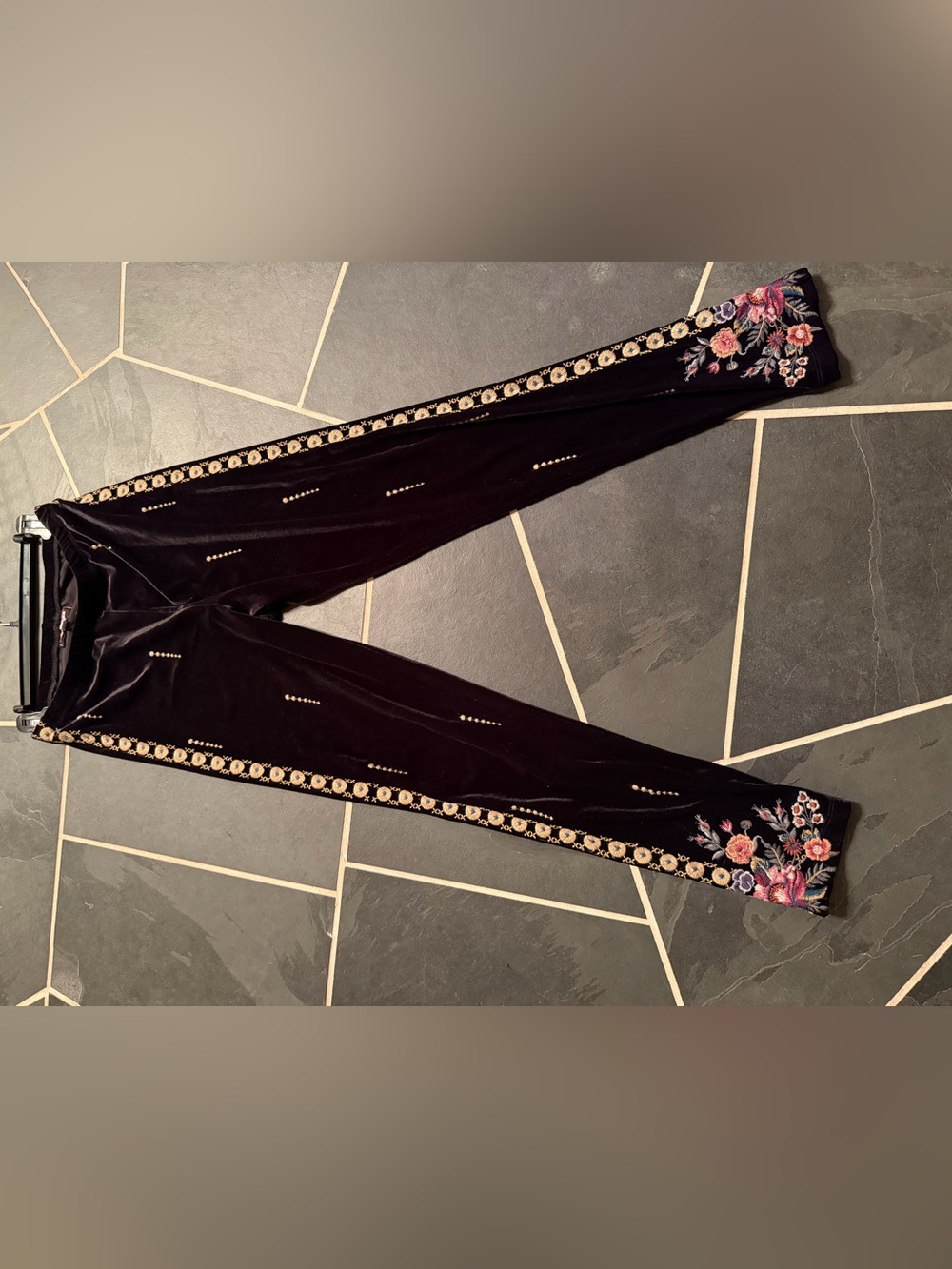 Johnny Was Black Label Velvet Elevated Leggings with Floral Trim
